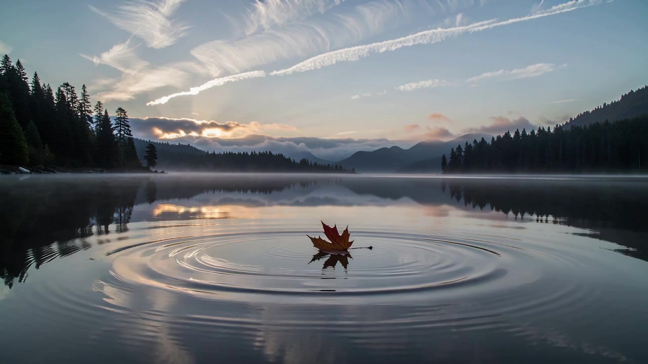 Wobbling brown maple leaf creating expanding ripples on mountain lake at dawn, after tiny shift