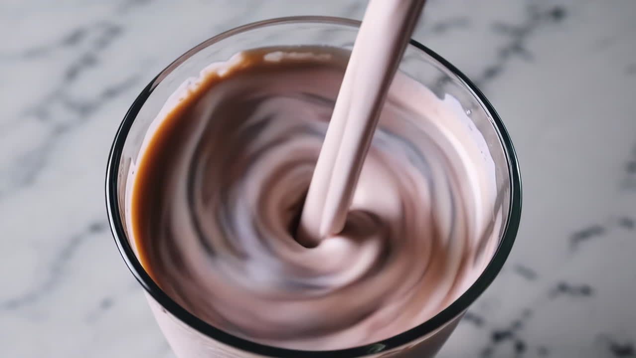 Versamento di milkshake al cioccolato in un bicchiere
