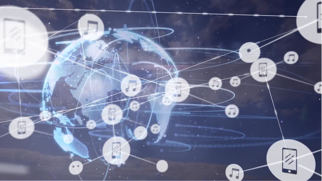 Animation of network of connections over globe on navy background