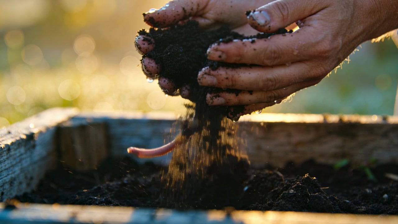 Mani nude che inclinano e stringono un grumo di compost umido sopra una fioriera di legno, rilasciando un lombrico che si contorce