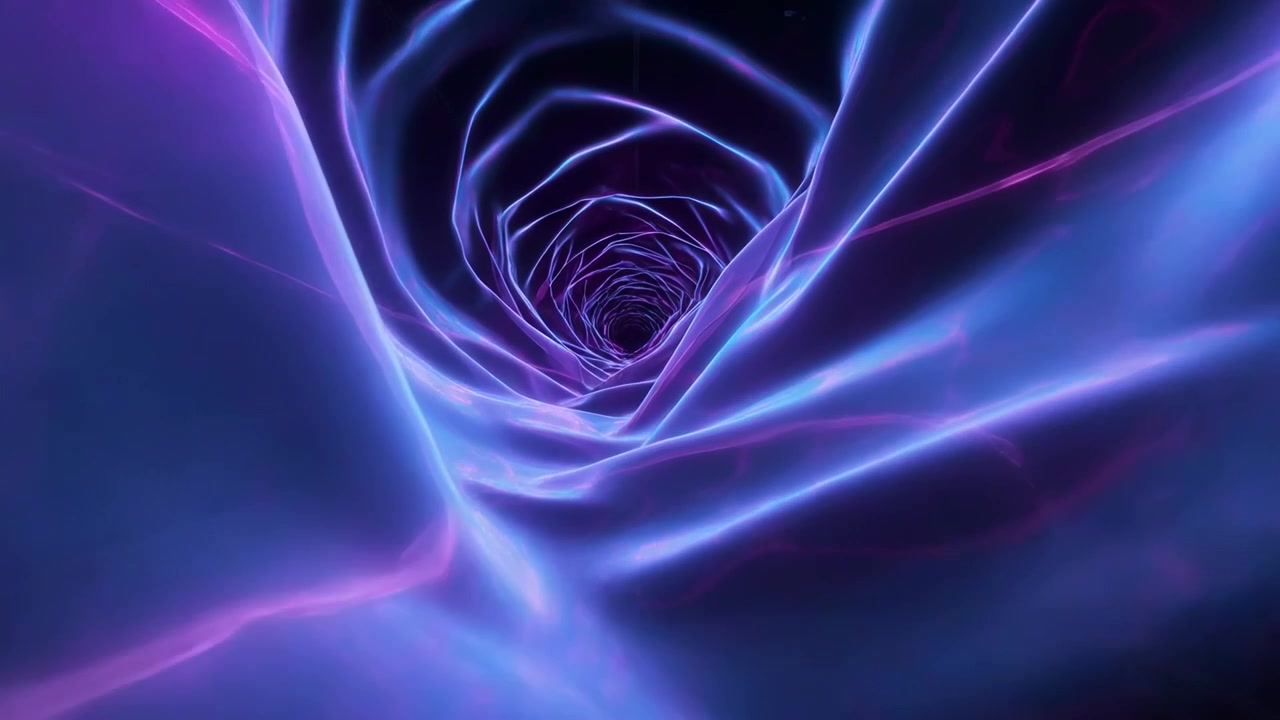 Telecamera che inizia a scorrere all'interno di un tunnel a spirale in CG con pieghe e venature al neon per avvicinarsi al vortice