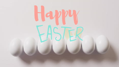 animation of happy easter text over white easter eggs on white background