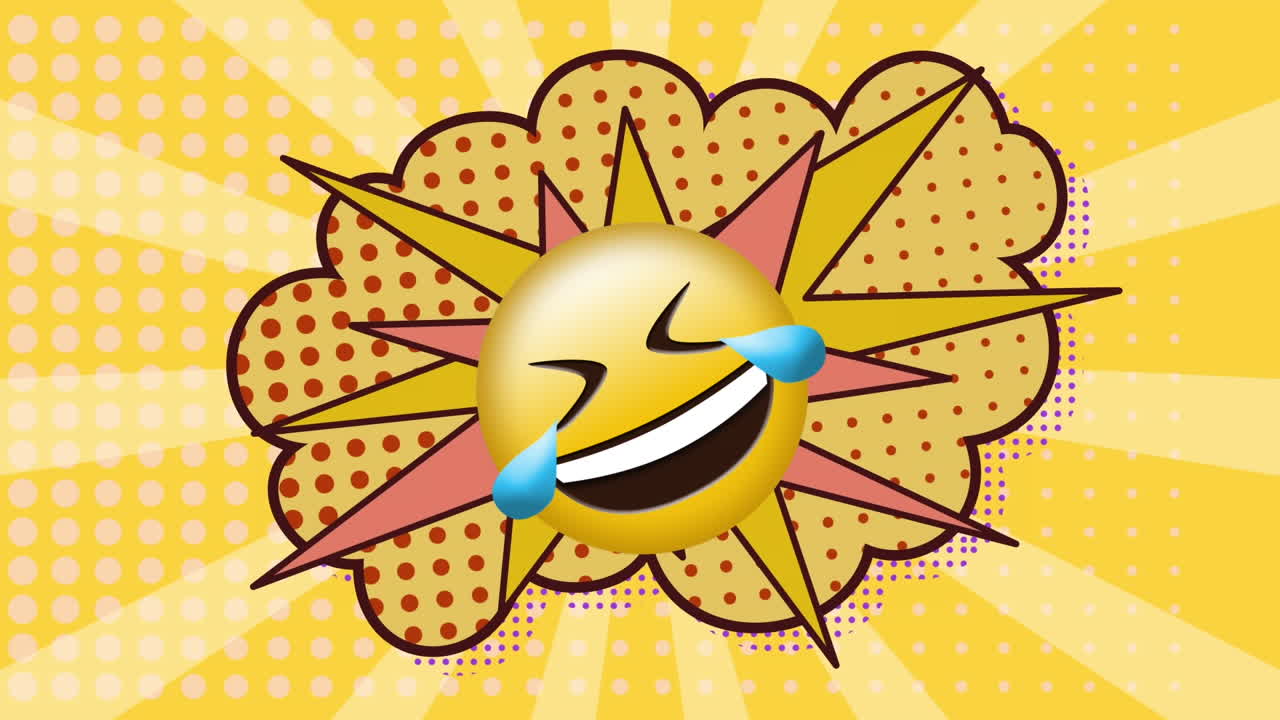 Animation of emoji icon over comic cloud icon on yellow background