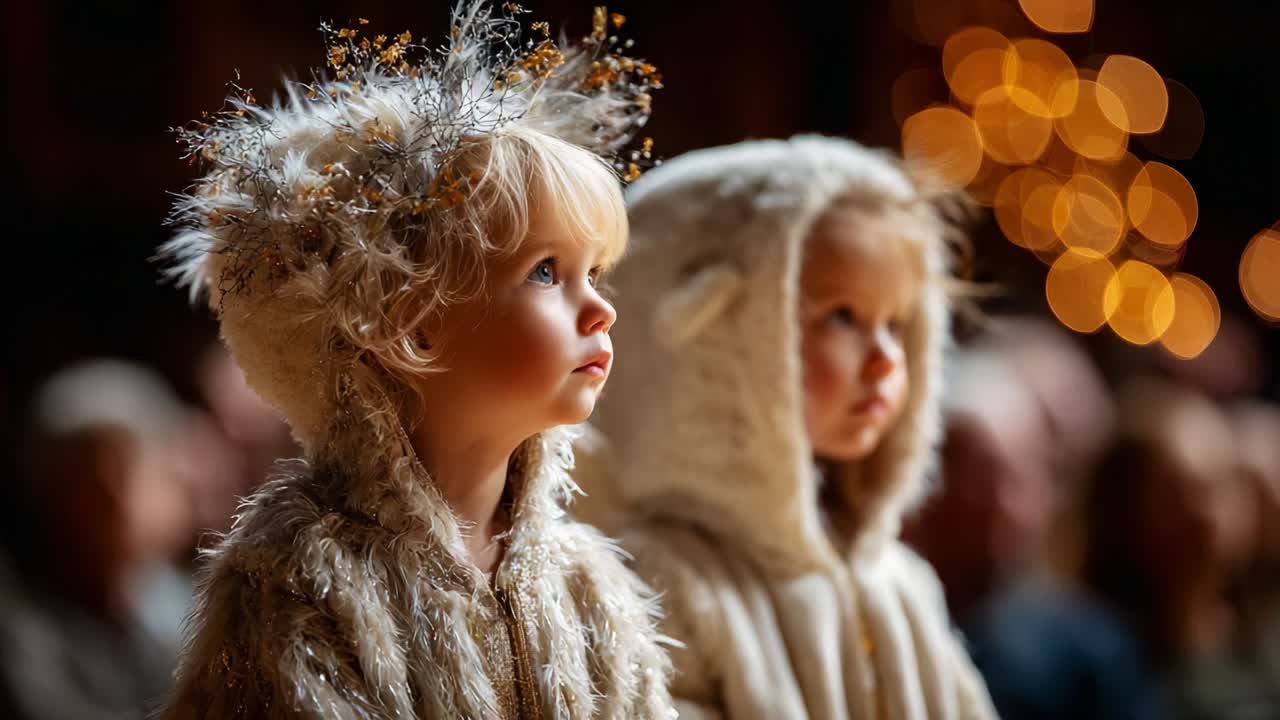 Charming Young Children Dressed in Cozy Animal-Themed Costumes with Adorable Hoods, Captured in a Warm and Enchanting Atmosphere Surrounded by Soft, Blurred Lights and a Joyful Crowd