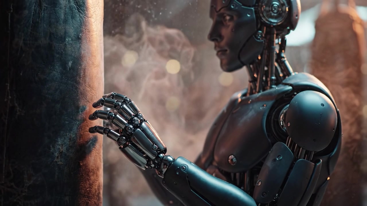 A futuristic humanoid robot interacts with a punching bag, showcasing advanced technology and human-like features in a dynamic and engaging environment.