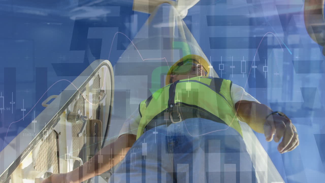 풍력 터빈의 문에 서 있는 백인 남성 노동자에 대한 그래프의 애니메이션