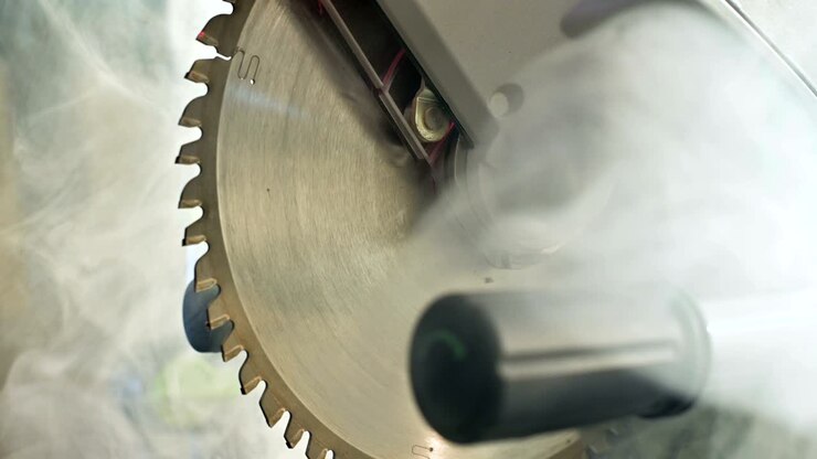 Primo piano: sega circolare su legno nel fumo