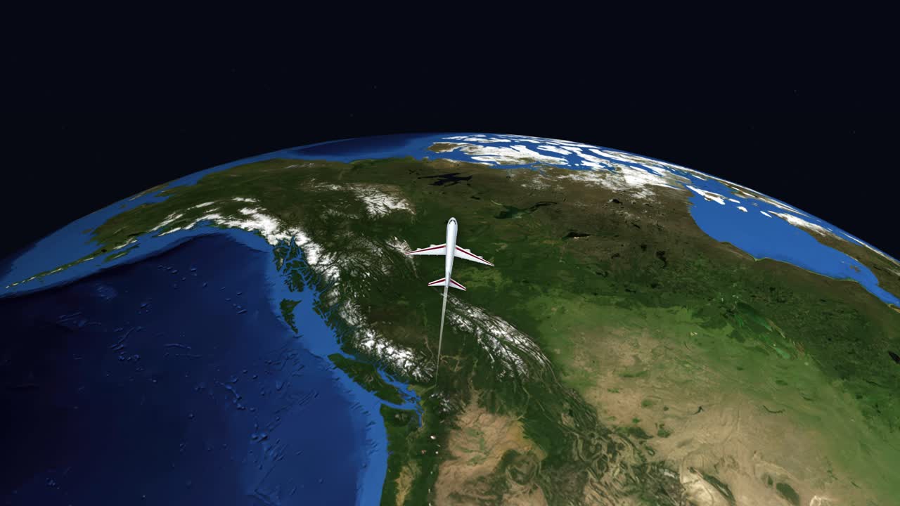 Animation af satellitvisning sporer et kommercielt fly, der flyver fra San Francisco tværs over Jorden til Dubai.