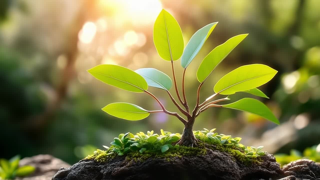 Green sapling grows in sunlit forest. Small tree with vibrant leaves thrives on moss-covered ground in a sunlit forest, showcasing nature's beauty.