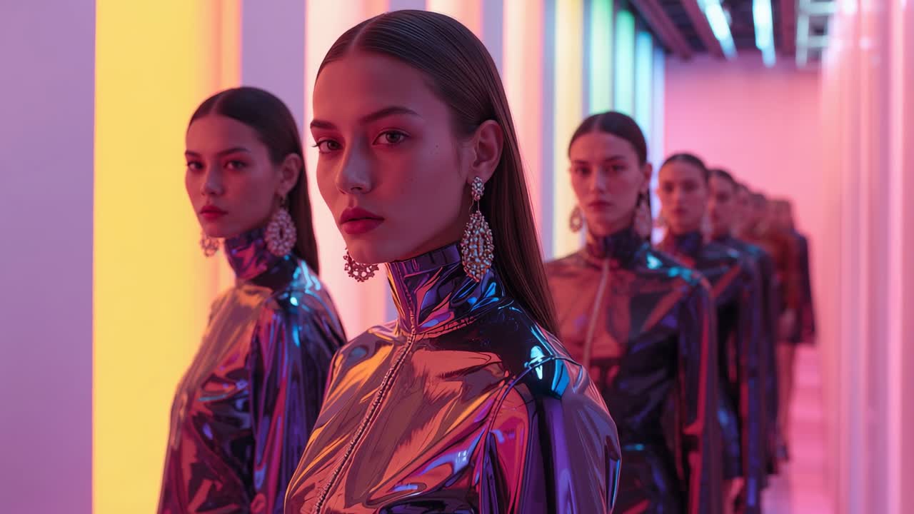 Camera zooming into lead model after shot in neon corridor with metal bodysuit gemstone earrings