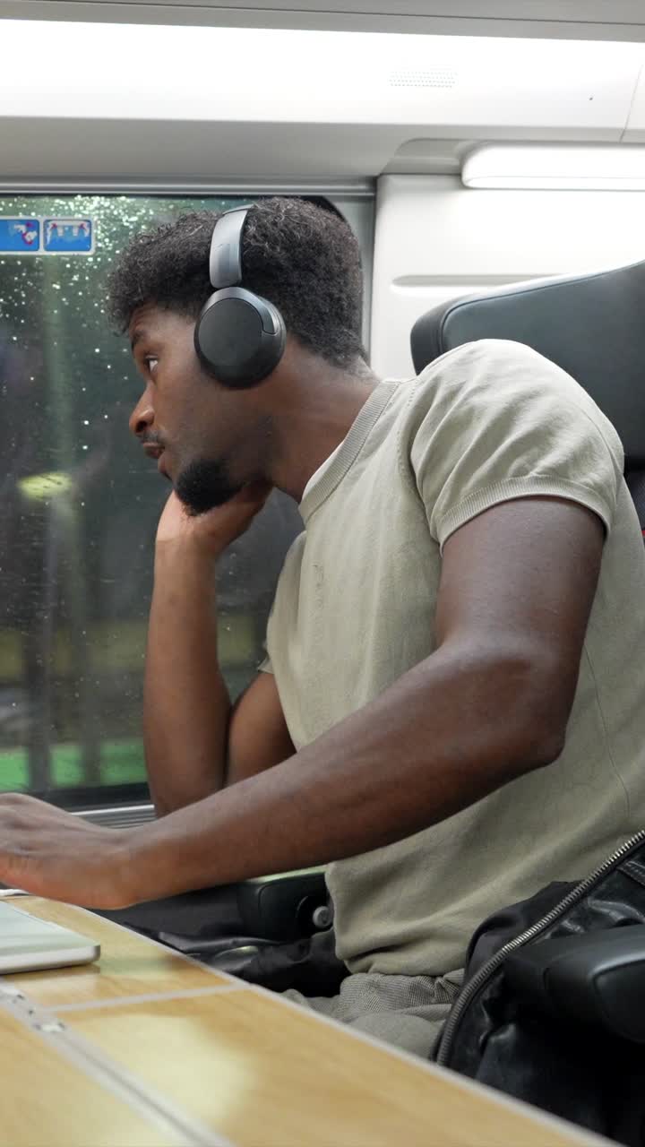 Man on Train with Headphones and Laptop