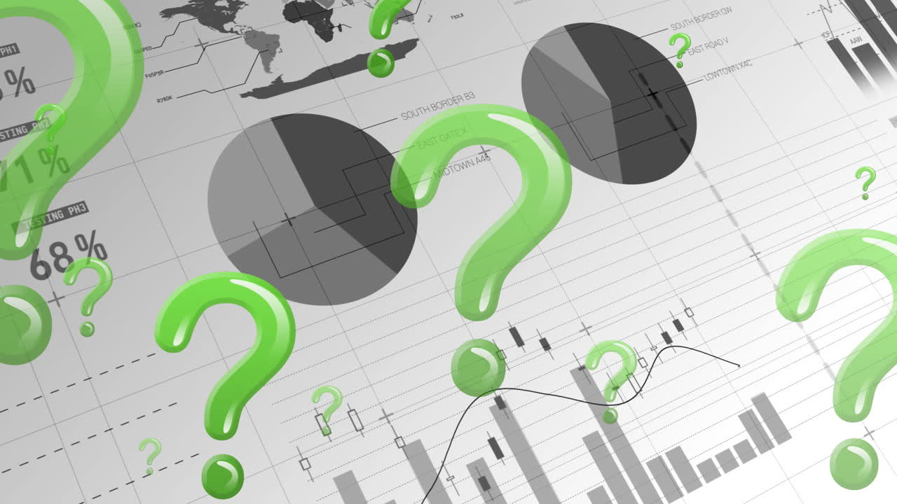 ⁇ 색 바탕에 기록된 통계자료 위에 날아다니는 초록색 의문표의 애니메이션