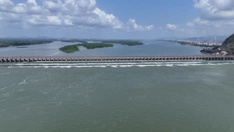 aerial shot of dam for krishna river in vijayawada.