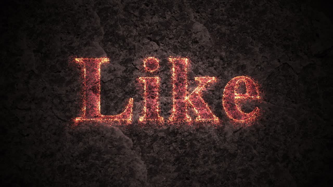 Animated text LIKE made of particles on a dark background