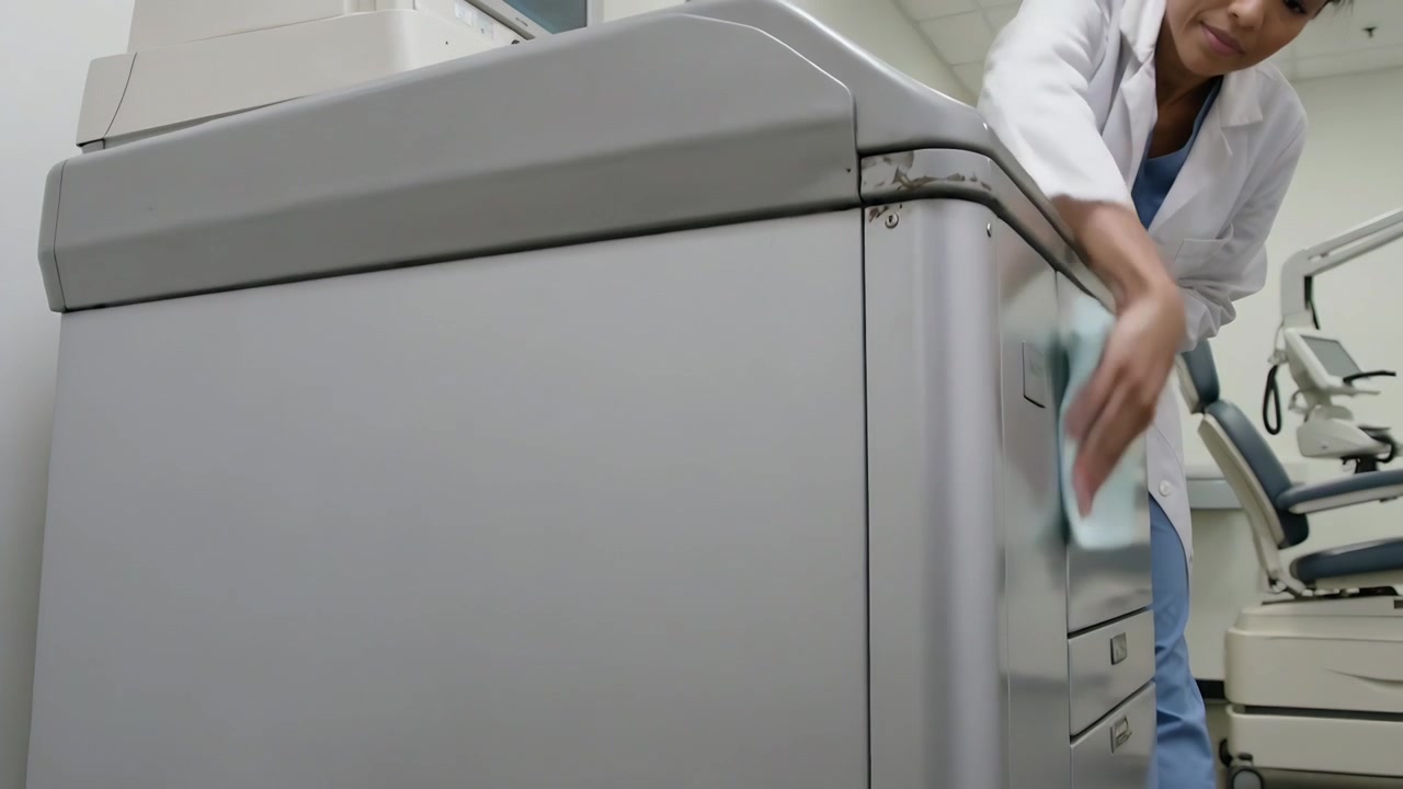 Grabbing green cloth staff in labcoat wiping cart seam confirming cleanliness in clinic, copy space