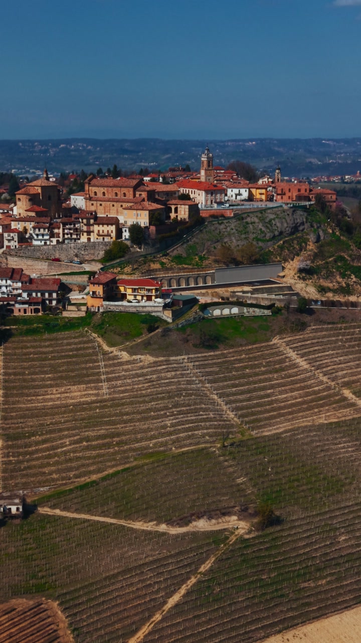 Stunning spring landscape of La Morra with Barolo vineyards and old town buildings, vertical view