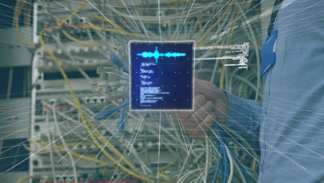 animation of data processing over hands of caucasian man checking computer wires