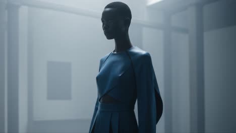 a stunning model showcases an elegant blue fashion design amidst a soft foggy background, featuring contemporary lines and artistic flair