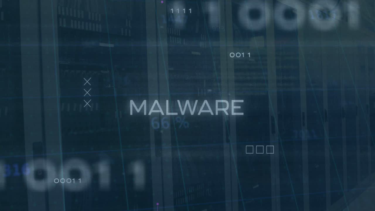 texto de malware y conexiones de microprocesador contra una sala de servidores de computadora vacía