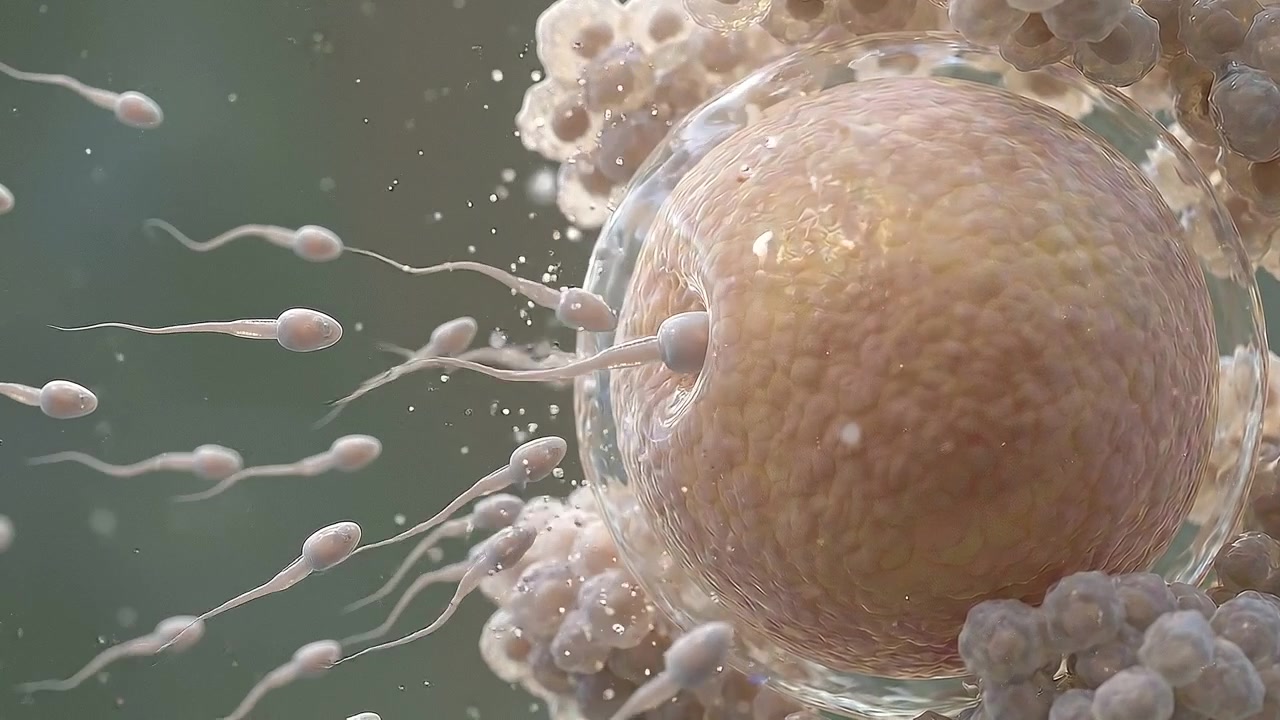 Sperm Cells Fertilizing an Egg Cell in Microscopic View