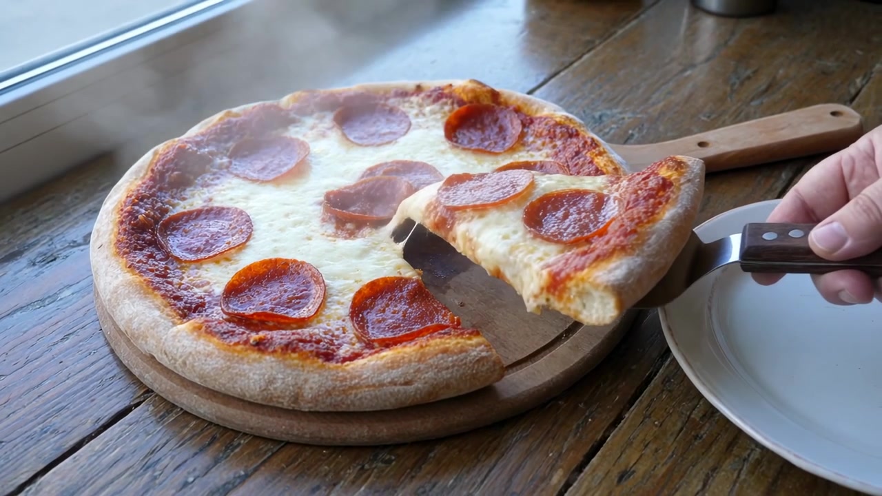Una spatola che scivola, mani con una manica grigia che sollevano una fetta di pizza ai peperoni su un piatto vicino alla finestra per servire.