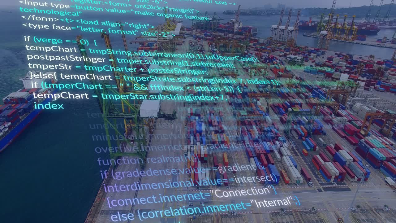 Data feed starting code overlay, scrolling while drone gliding over container yard, showing flows