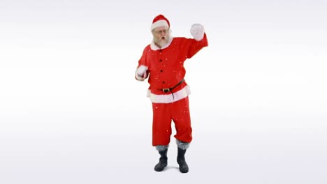 Digital-composition-of-snow-falling-over-santa-claus-dancing-against-grey-background