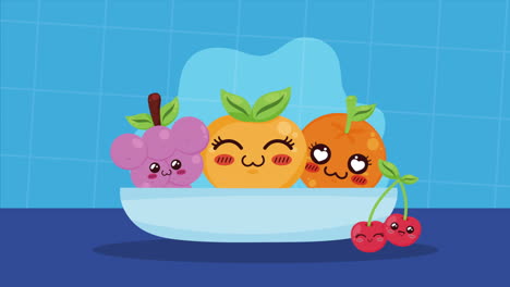 frutas frescas en un plato animación de personajes kawaii