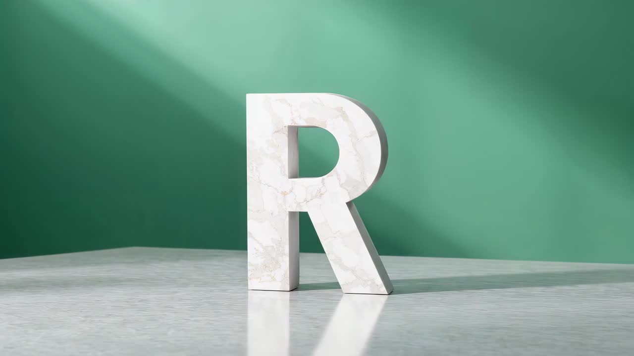 Sliding light beam across green wall, shiny floor, marble letter R rotating showing right face