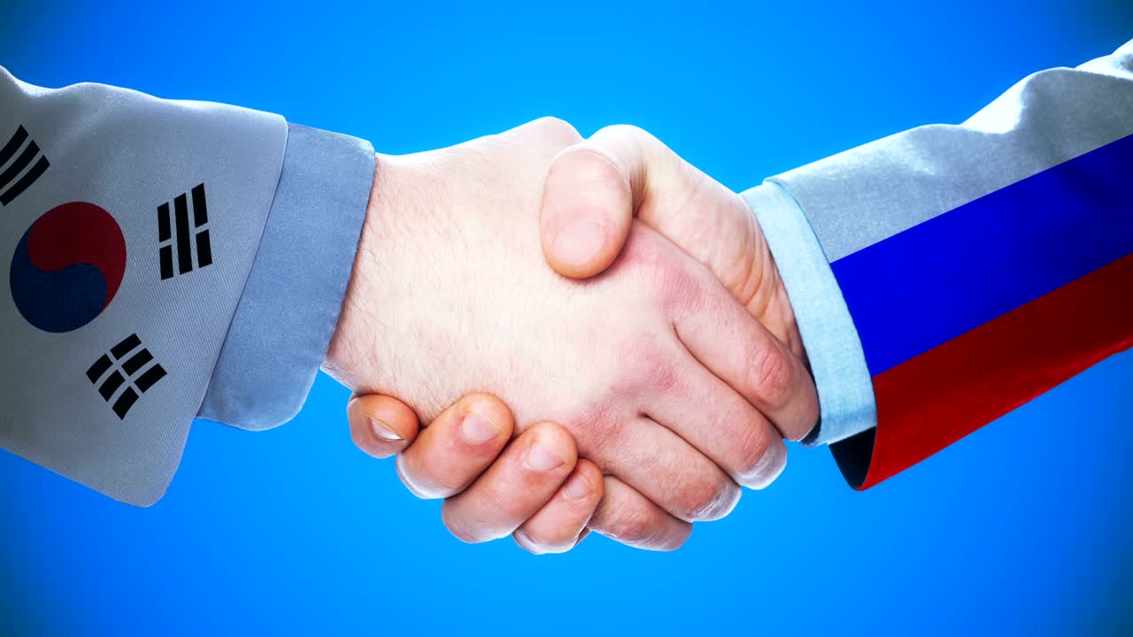 corea del sur - rusia concepto de apretón de manos animación sobre países y política con el canal matte