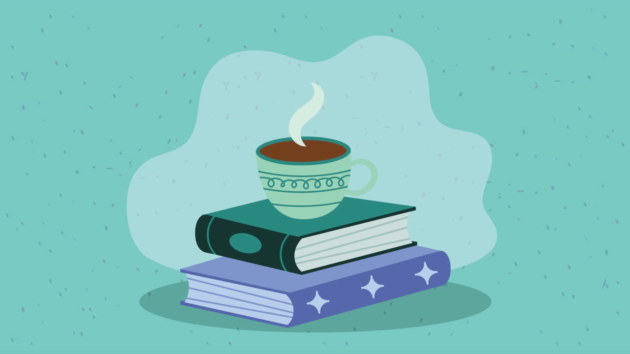two text books with coffee drink animation