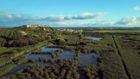 pantano pantanoso lejos de una ciudad con un castillo histórico en su parte superior
