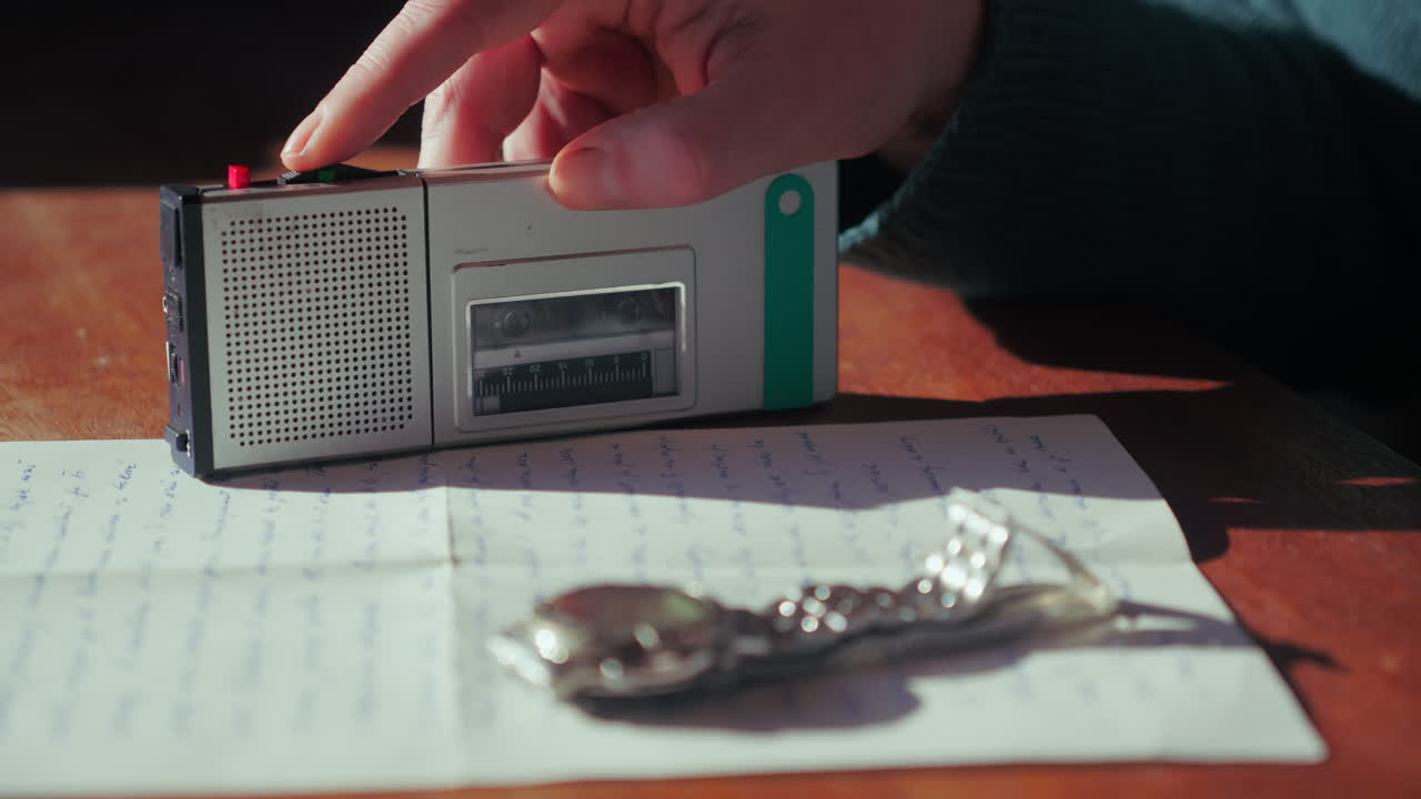 Close-up of hands operating dictaphone recorder while checking wristwatch on desk. Suitable for investigation scenes, journalism visuals and recording concepts