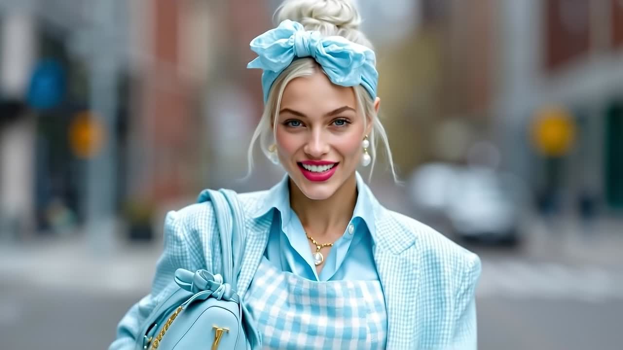A woman in a blue and white checkered dress with a blue bag and a blue bow on her head