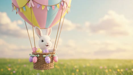 a whimsical easter-themed scene featuring a cute bunny soaring in a pastel-colored hot air balloon while surrounded by springtime flowers and a bright sky.