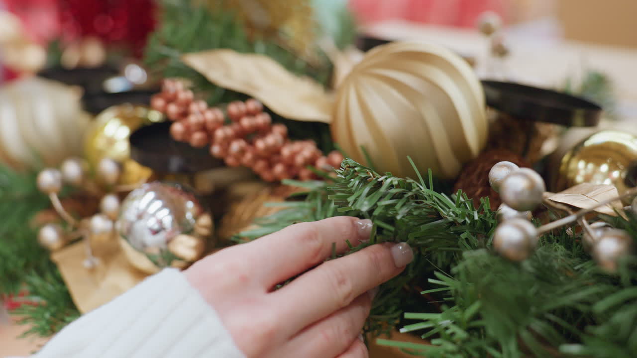 Close-up of hand gently touching Christmas tree decorations in a festive store, golden ornaments, greenery, and colorful accents create a magical holiday atmosphere