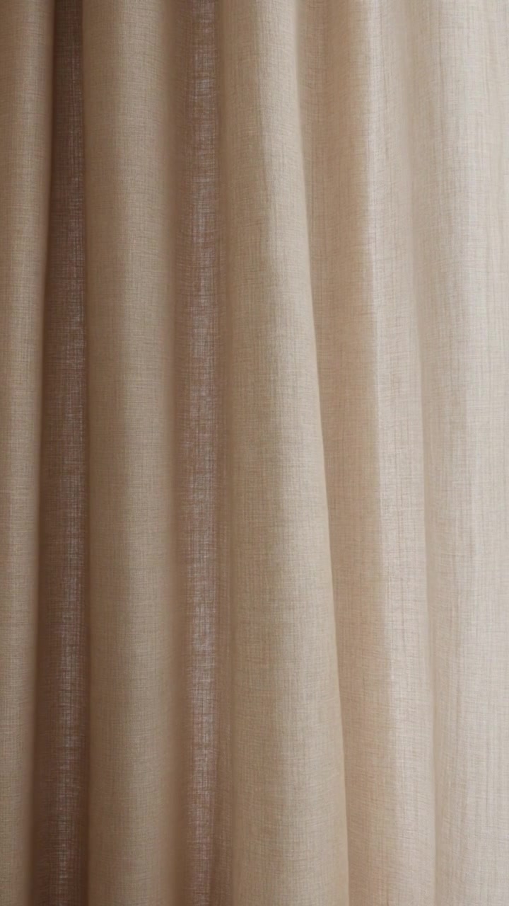 Warm taupe beige linen curtain fabric draped with vertical pleats and subtle movement