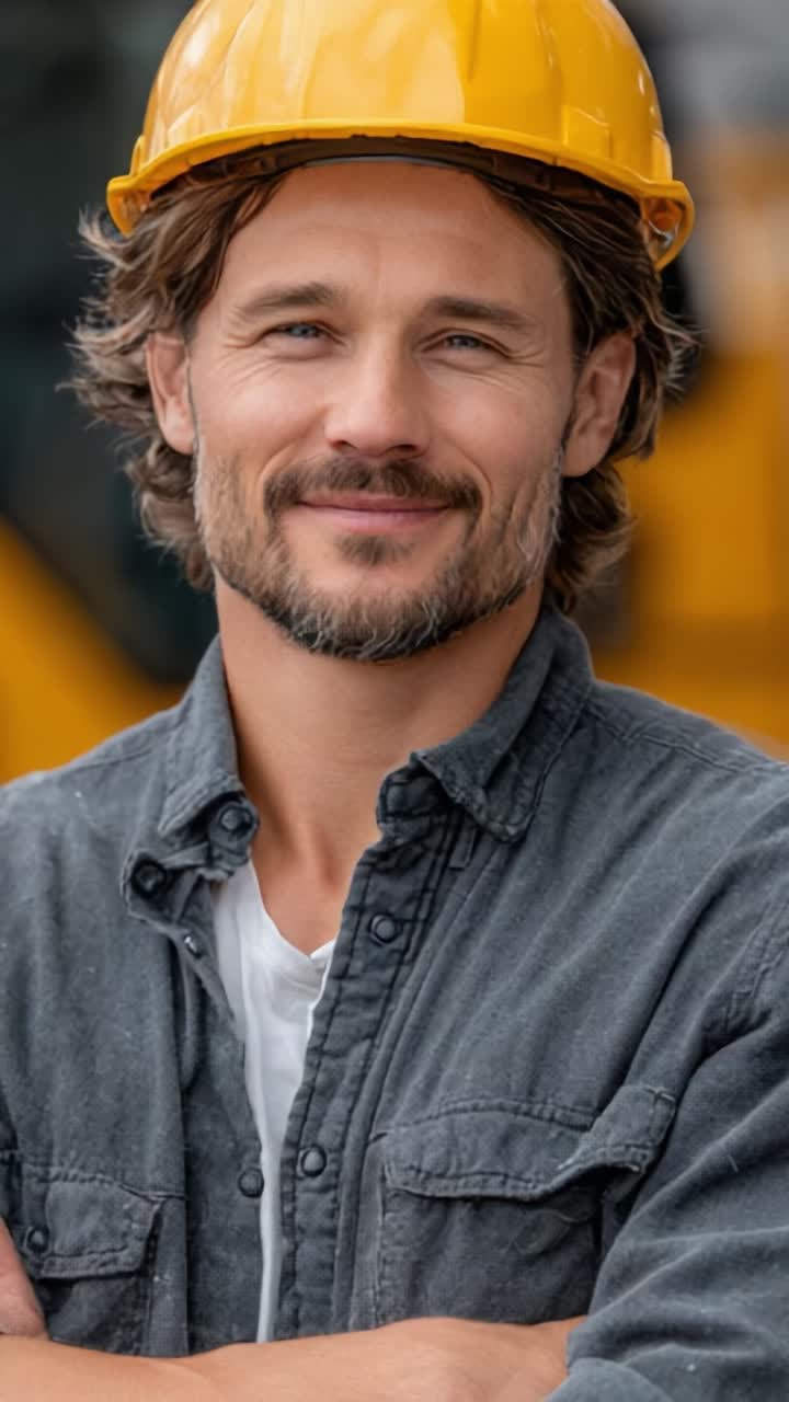 Smiling Construction Worker Wearing Yellow Hard Hat Poses Confidently With Crossed Arms in Front of Heavy Machinery, Signifying Safety and Professionalism in Construction Industry