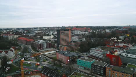 drone flight over the streetsof the historic city in flensburg, germany