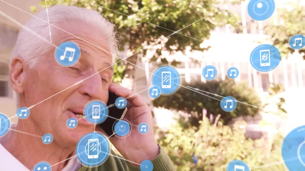 animación de un hombre caucásico mayor hablando en un teléfono inteligente a través de una red de conexiones con iconos