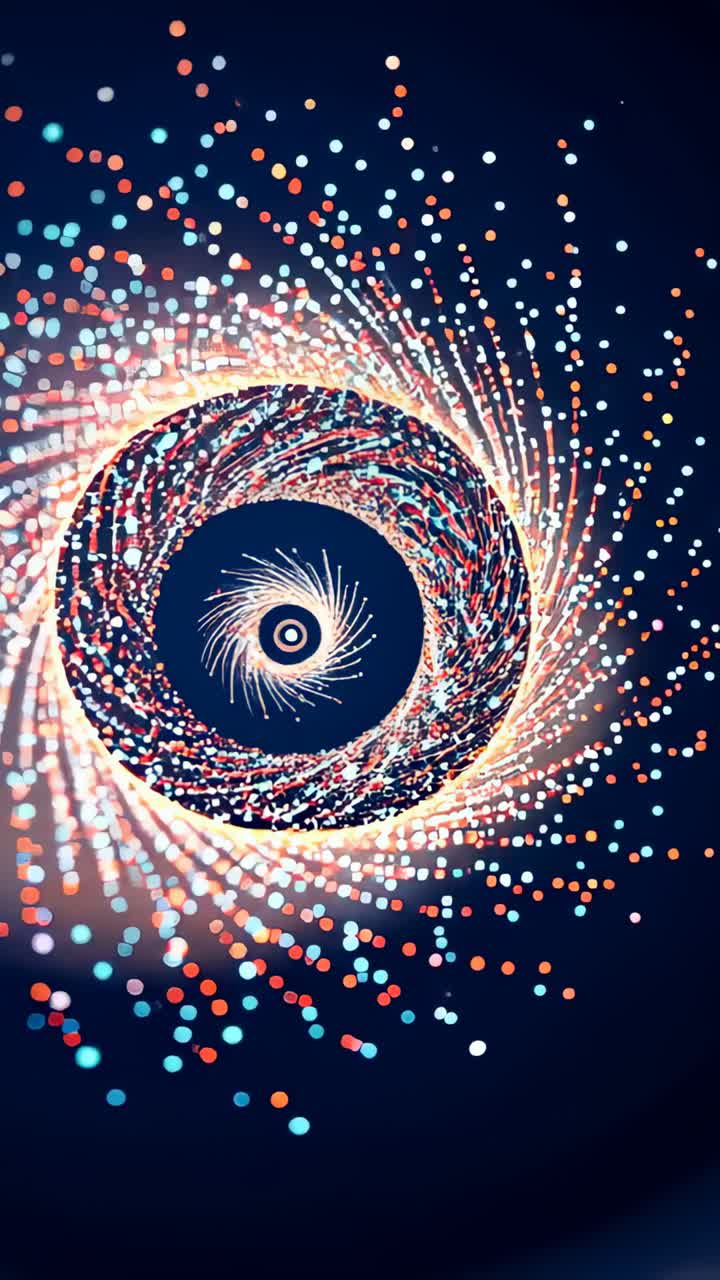 Vertical video: Forming tight ring, dot spiral rotating and expanding on dark navy field, core