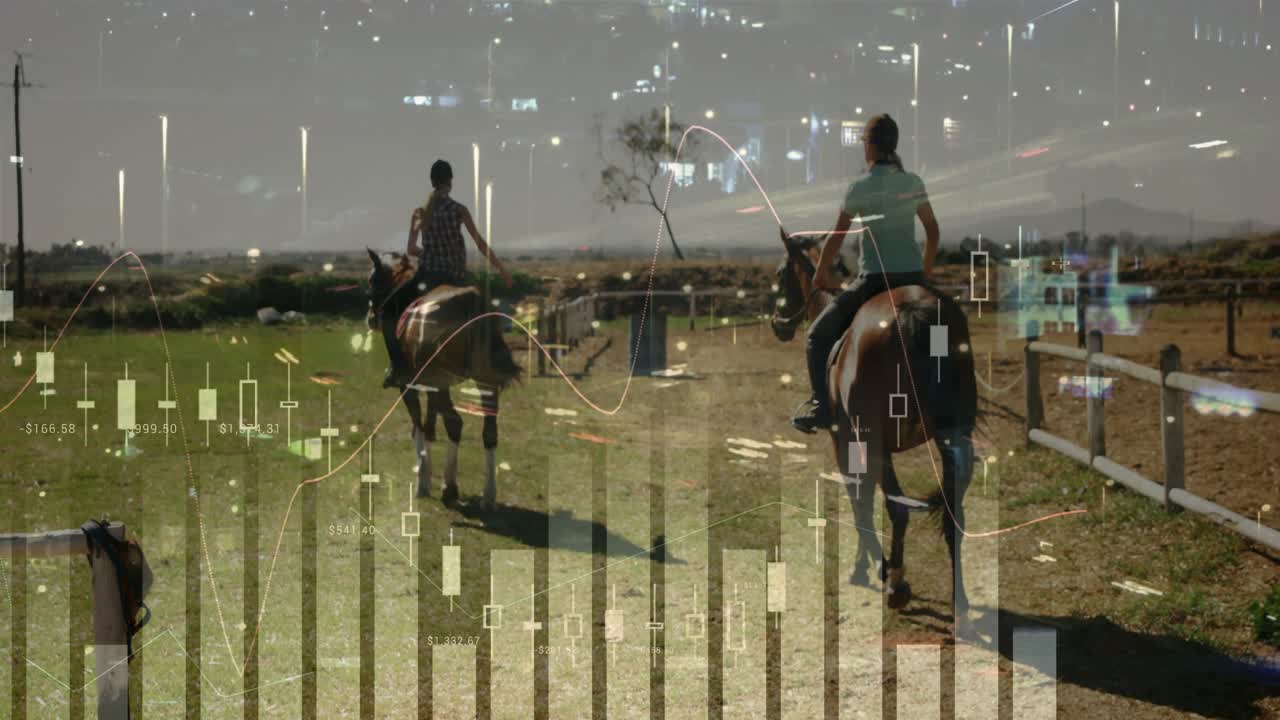 Two riders mounting horses on ranch path, projecting clear financial charts showing market trends