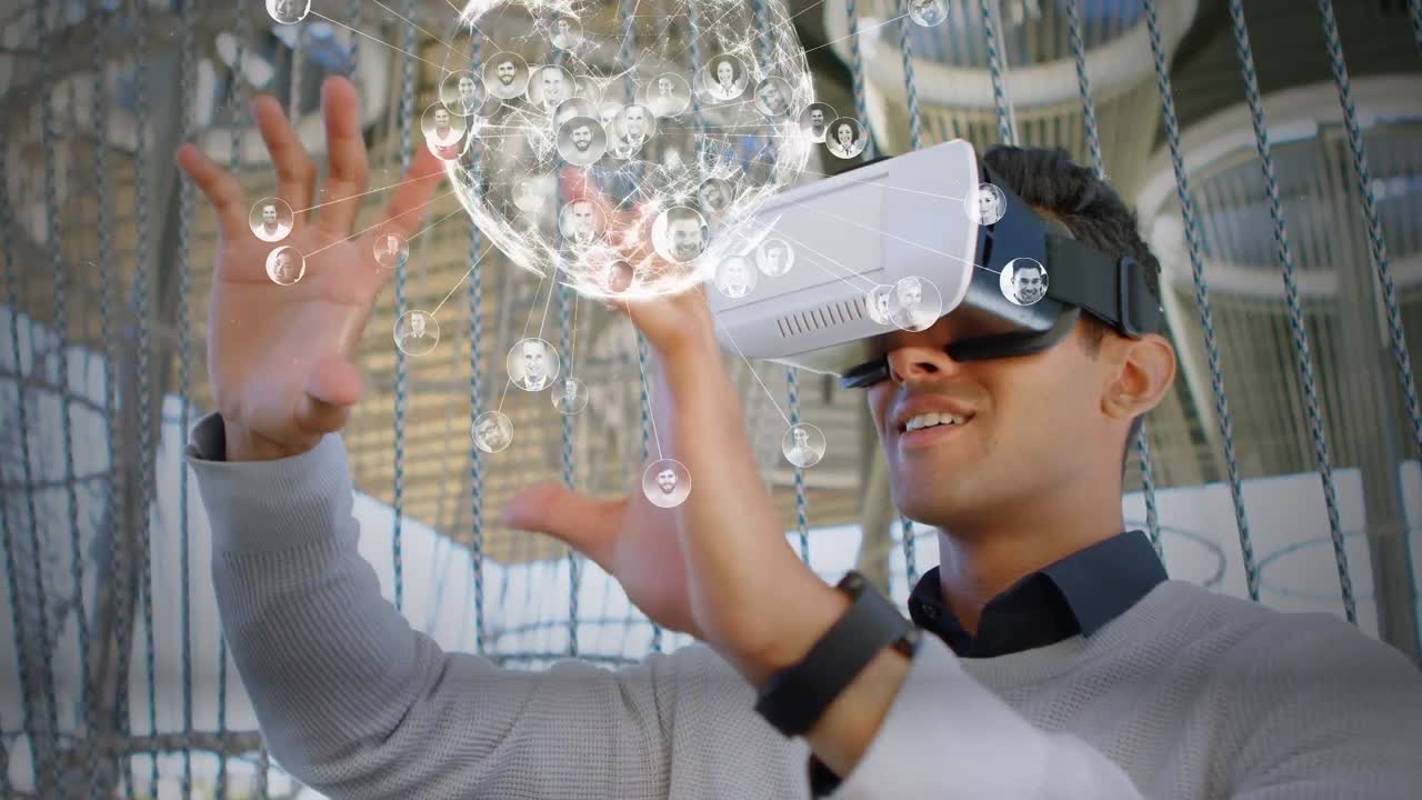 Animasi bola dunia dengan ikon di atas pria birasial menggunakan headset VR