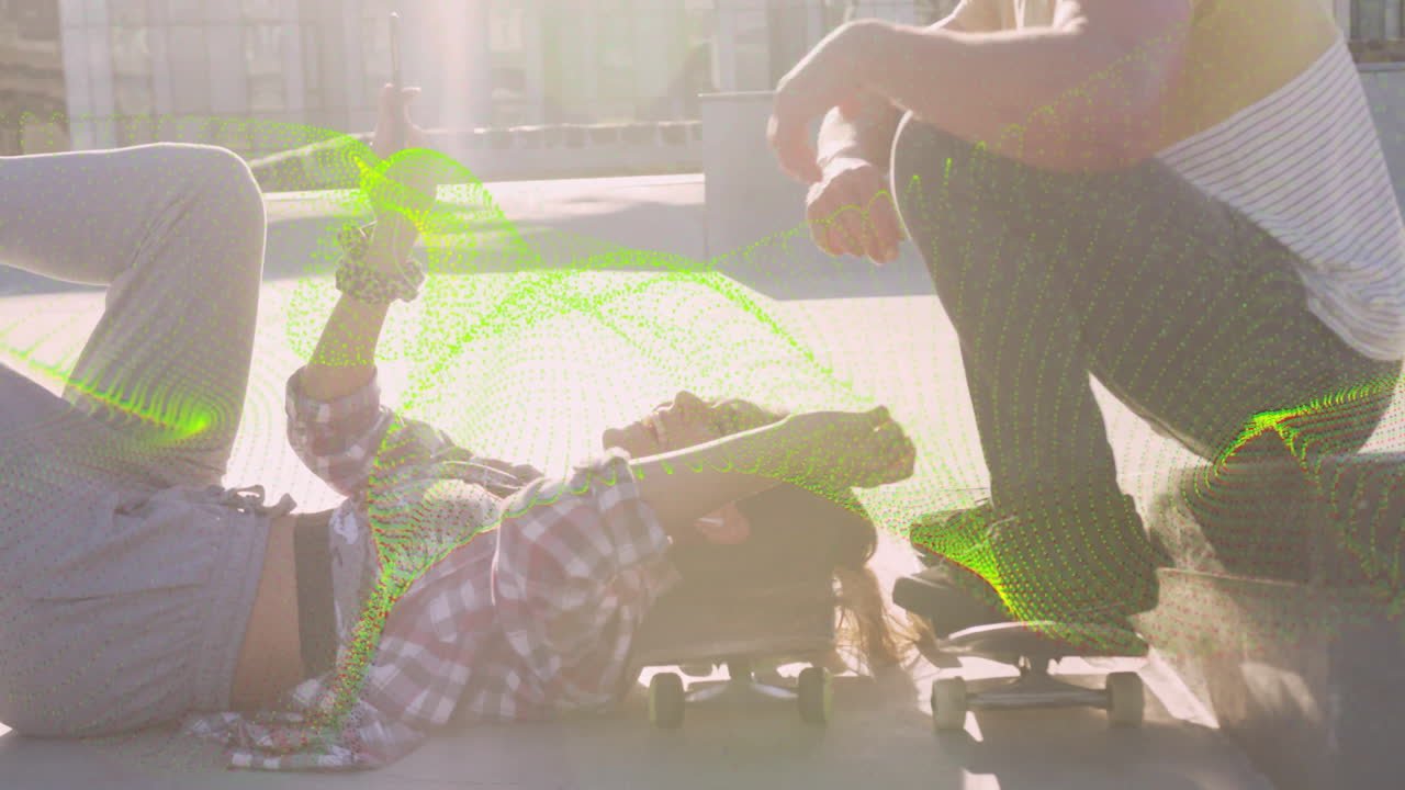 female skateboarder lying raising leg while partner assisting stretch with animated fitness bars