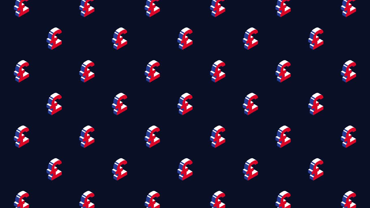 símbolos isométricos de la libra británica en un patrón animado sobre un fondo oscuro. animación de bucle sin costuras