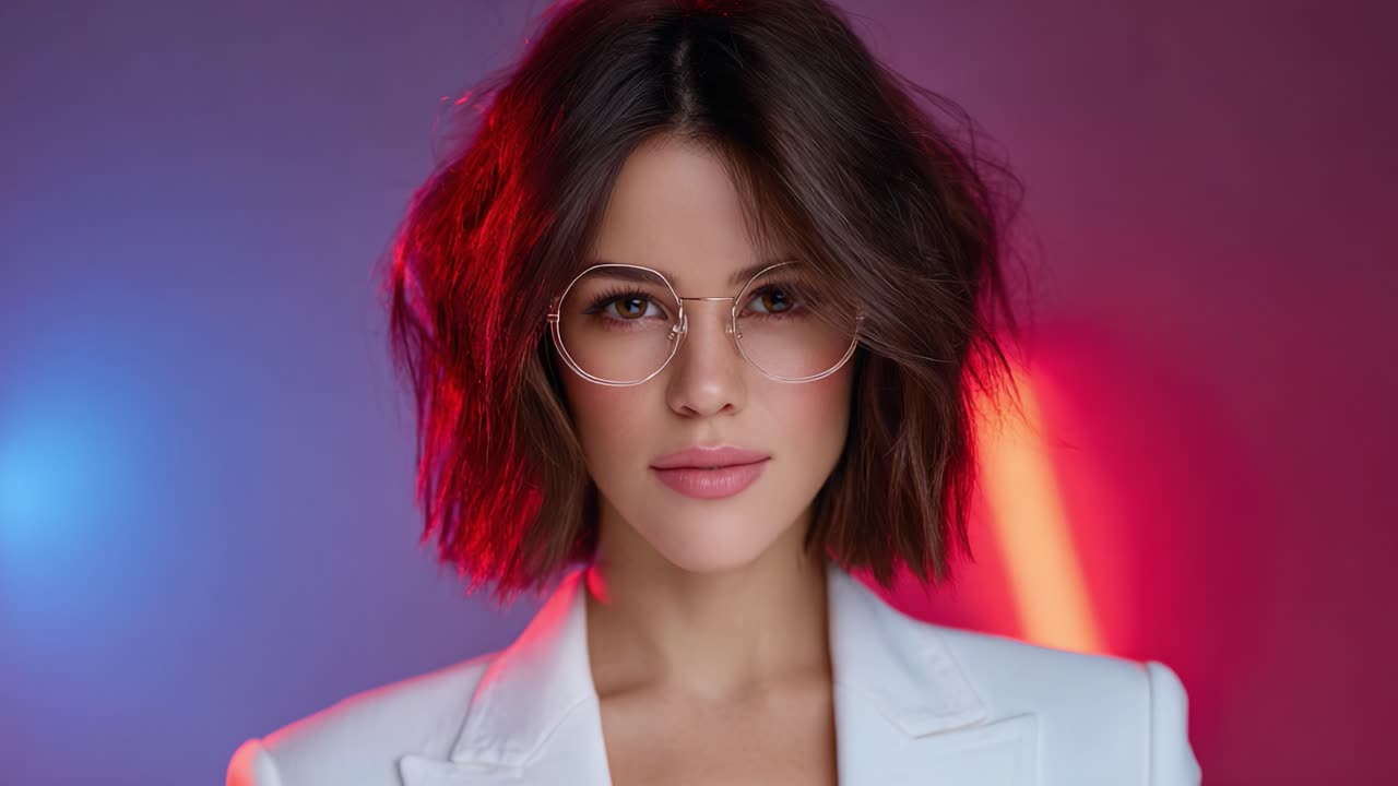 Stunning Portrait of a Woman with Stylish Glasses and Modern Hairstyle against a Colorful Background of Red and Blue Lights