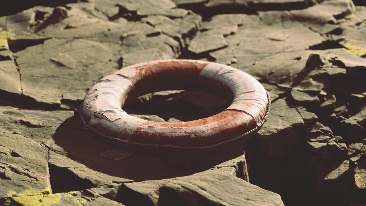 밝은 이 있는 날 바위 가 있는 해안 에서 휴식 하는 구조 고리