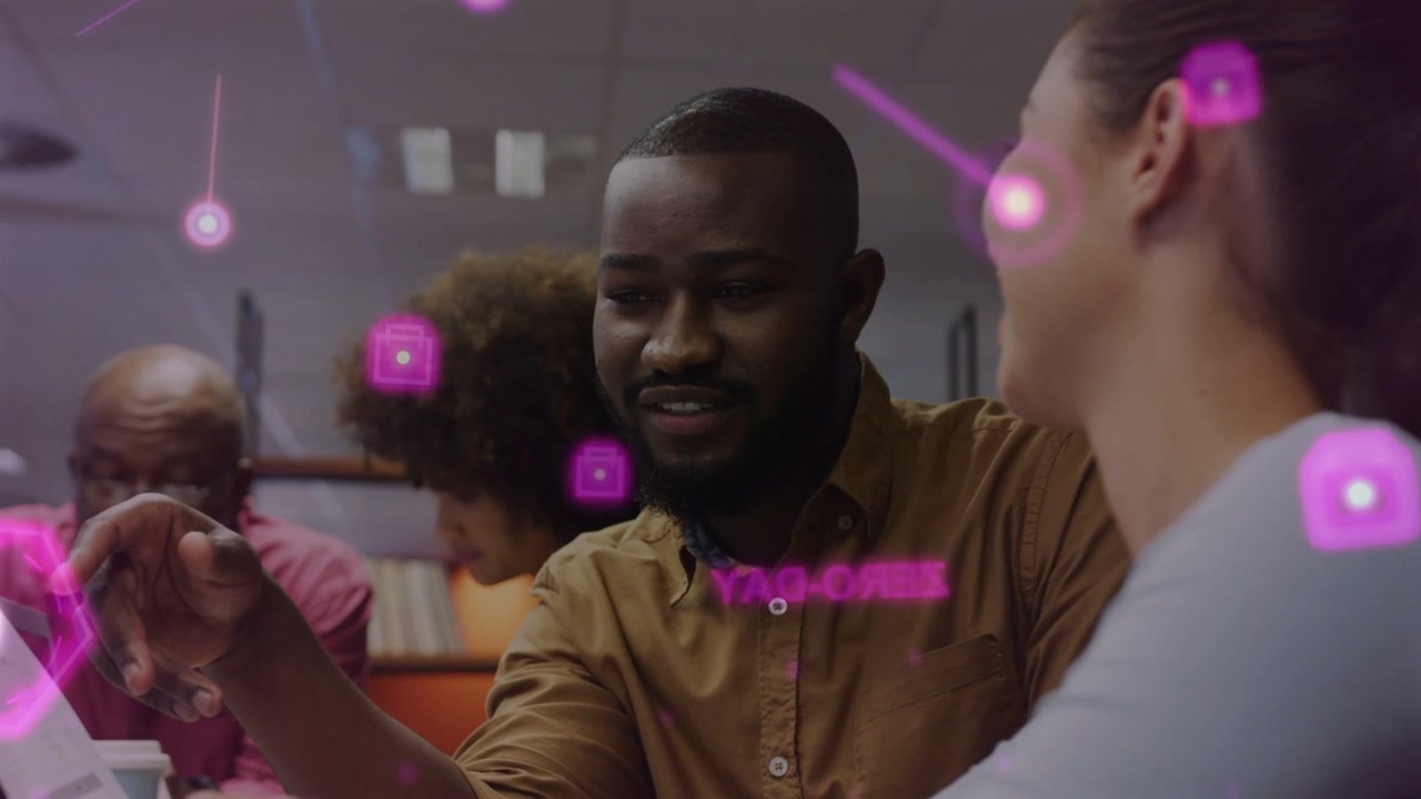 Man pointing at tablet and guiding business meeting, AR icons floating, woman following gestures