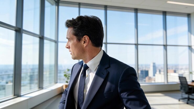 Adjusting jacket and tie, man in navy suit preparing meeting in corner office by panoramic windows