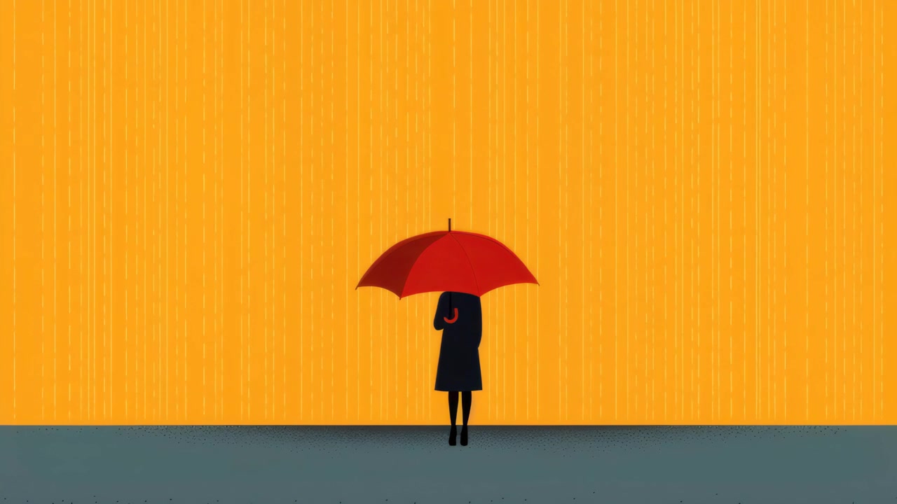 Illustrazione minimalista di persona con ombrello rosso sotto la pioggia